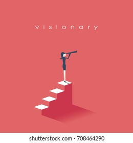 Vision Concept In Business With Vector Icon Of Businesswoman And Telescope, Monocular. Symbol Leadership, Strategy, Mission, Objectives. Eps10 Vector Illustration.