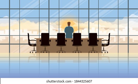Vision concept. Businessman stand think and look outside the window of company office building in empty meeting conference room. Alone in early morning sunrise. Economics crisis of business owner.