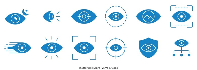 Vision concept solid blue icons set containing eye elements like night vision, target tracking, scanning, focus, speed, safety shield, and structural hierarchy.