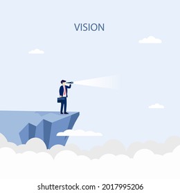 Vision concept vector illustration with business man looking through telescope from a cliff. Flat vector template Style Suitable for Web Landing Page.