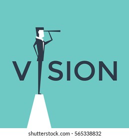 Vision Concept Vector Illustration With Business Man Looking Through Telescope From A Cliff.