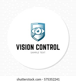 Vision Control logo design template. Vector eye expert logotype illustration isolated on background. Graphic security lens icon label with protection shield sign. Examination company emblem concept