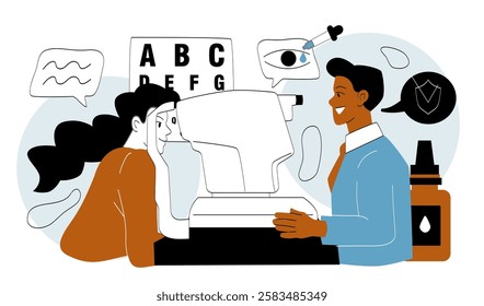 Vision correction concept. Man in medical uniform checks eyesight of young girl. Diagnosis and treatment. Healthcare and medicine. Ophthalmologist with patient. Linear vector illustration