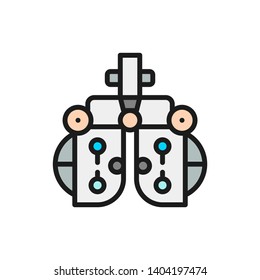 Vision correction device, eye exam flat color line icon.