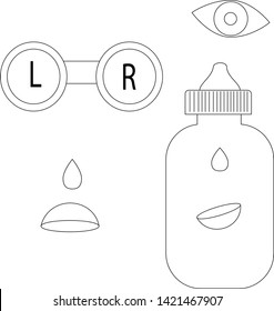 Vision correction equipment icons in thin line style. Ophthalmology medicine elements: contact lens case, bottle with wash liquid, artificial tears and drop