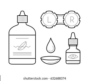 Vision correction equipment icons in thin line style. Ophthalmology medicine elements: contact lens case, bottle with wash liquid, artificial tears and drop. Vector outline isolated on white