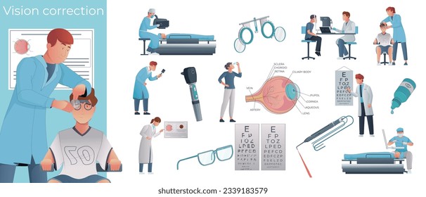 Vision correction flat composition with doctors examing patients selecting glasses performing laser surgery vector illustration