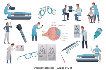 Vision correction flat icons set of doctors patients and equipment for laser surgery isolated vector illustration