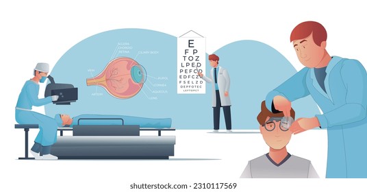 Vision correction flat illustration with ophthalmologists checking sight selecting lenses for glasses performing laser surgery vector illustration