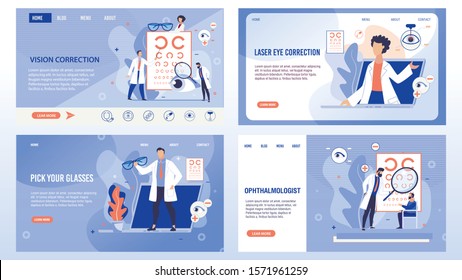 Vision Correction, Laser Operation Surgery Technology, Spectacles Selection and Optical Eyes Test Procedure. Ophthalmologist and Patients. Trendy Flat Landing Page Set. Vector Illustration