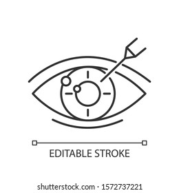 Vision correction linear icon. Medical procedure. Astigmatism. Ophthalmology. Laser operation. Eye disorder. Thin line illustration. Contour symbol. Vector isolated outline drawing. Editable stroke