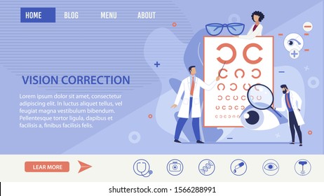 Vision Correction Methods Selection Trendy Flat Informational Landing Page. Refractionists and Ophthalmologists Conducting Modern Optical Eyes Tests, Special Glasses. Vector Cartoon Illustration