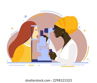 Vision correction. Ophthalmology. The African doctor treats the patient. Flat style.
