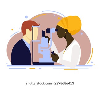 Vision correction. Ophthalmology. Treatment of poor vision. The patient is a white man and the doctor is an African woman. 