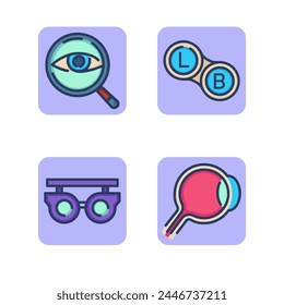 Vision correction and treatment line icon set. Diagnostics, vision testing with a magnifying glass, eye testing equipment, lenses. Ophthalmology and healthcare concept. Vector illustrations for web de