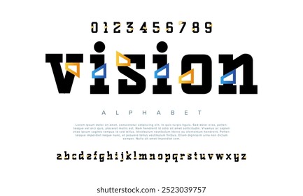 Vision creative modern geometric urban alphabet font. Digital abstract futuristic, game, techno, robot, music, logo, sport, minimal technology typography. Simple numeric vector illustration