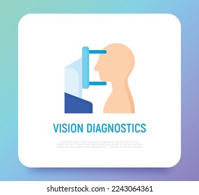 Vision-Diagnose: menschlicher Blick auf ophthalmisches Refraktometer. Flaches Symbol. Moderne Vektorgrafik für die Augenheilkunde.