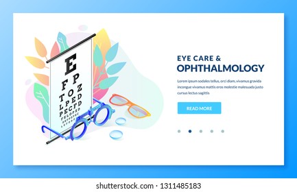 Vision diagnostics test concept. Ophthalmology exam and eye care vector isometric gradient illustration. Landing page banner design template for medicine and healthcare themes.