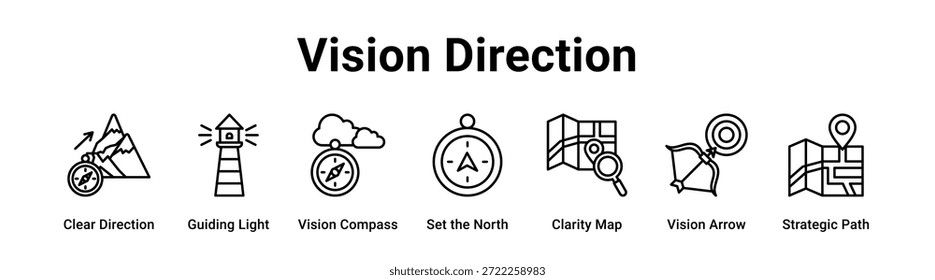 Vision Direction web banner ícone vetor ilustração conceito para negócios com ícone de Clear Direction, Luz guia, Vision Compass, Definir o Norte, Clarity Map, Vision Arrow.