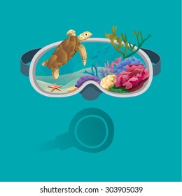 Vision of diving experience, showing turtle, coral, starfish, undersea.