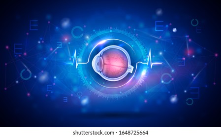 Vision and eye health care, vision test, research and eye disorder treatment abstract blue background.