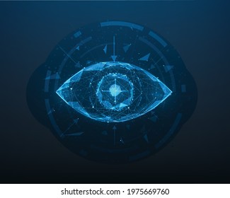 vision eye low poly wireframe on blue dark background. vector illustration futuristic mesh and lines. Innovative medicine eye technology.