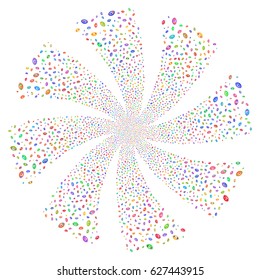 Vision fireworks swirl rotation. Vector illustration style is flat bright multicolored iconic symbols on a white background. Object twirl combined from random pictograms.