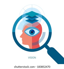 Vision flat design icon concept. Internet advertising business development, internet marketing research, consulting and graphic design. Web & mobile services vector illustration. Human head and eye. 