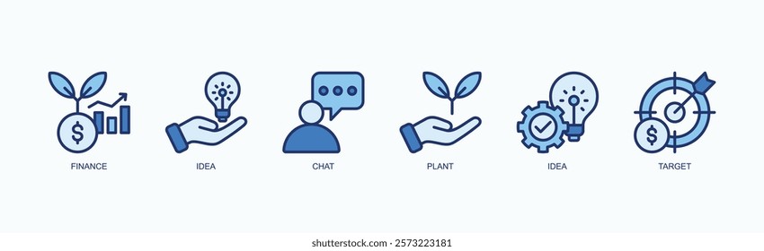 Vision Flow Icon Set Icon Set Isolated Vector Illustration Concept With Icon Of Finance, Idea, Chat, Plant, Idea, Target In Blue Style