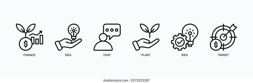 Vision Flow Icon Set Icon Set Isolated Vector Illustration Concept With Icon Of Finance, Idea, Chat, Plant, Idea, Target In Outline Style