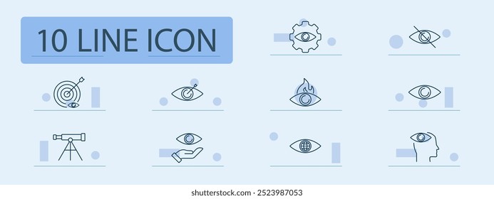 Icono de conjunto de visión y enfoque. Ojo, objetivo, objetivo, vista, visión, análisis, enfoque, observación, visión, fuego, telescopio, estrategia, global, conciencia, seguridad, investigación, percepción, planificación.