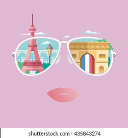 Vision of France Paris street scene, showing Eiffel Tower, lamp post and Arc de Triomphe.