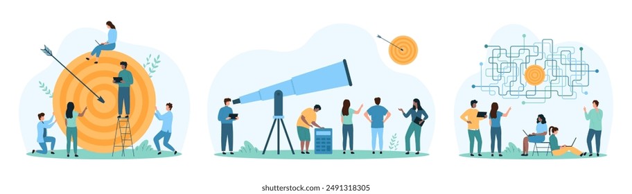 Vision für zukünftiges Unternehmenswachstum, Lösung komplexer Probleme und Zielerreichung gesetzt. Winzige Menschen entdecken Horizont auf der Suche nach Ziel, finden Weg in Chance Labyrinth Cartoon Vektorillustration