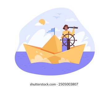 Vision of future concept. Woman with telescope on paper boat in sea or ocean. Businesswoman boat captain. Leadership and success. Business planning and goal setting. Flat vector illustration