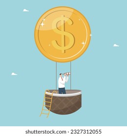 Vision of the future development of business, financial and economic growth, the search for strategies and new opportunities for income and salary growth, man looks through binoculars in coin balloon.