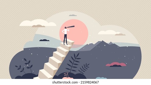 Vision of the future and looking for visionary ambition tiny person concept. Career challenge and goal direction searching in perspective vector illustration. Start new business with strong leadership