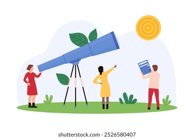 Vision of future opportunity and direction, business forecast, career growth of company leader. Tiny people look through big telescope at target, search success idea cartoon vector illustration