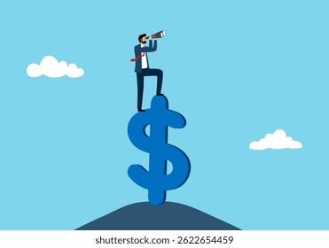 Visão do conceito de economia ou financeiro global, oportunidade de negócios ou previsão de investimento. Empresário em pé no sinal de dinheiro de dólar americano usando o telescópio para ver a previsão futura.