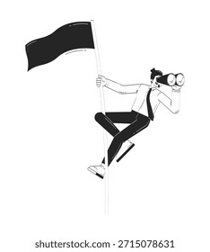 Visión para un buen concepto de ilustración de línea de doodle futuro financiero. Hacia adelante mirando hacia adelante. Hombre de negocios que sube flagpole con los binoculares 2D carácter del contorno aislado. Metáfora dibujada a mano monocromática