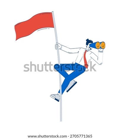 Vision for good financial future doodle illustration concept. Forward looking ahead. Businessman climbing flagpole with binoculars cartoon 2D character isolated on white. Hand drawn vector metaphor