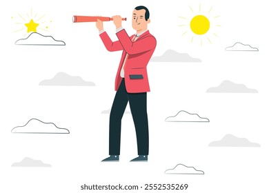 Vision and Growth concept. A Businessman looking through a telescope on growth arrow. Business concept cartoon flat vector illustration