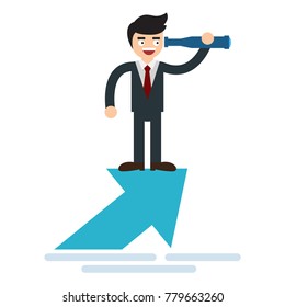 Vision and Growth concept. Businessman looks through a telescope on growth arrow. Business concept cartoon illustration