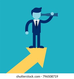 Vision and Growth concept. Businessman looks through a telescope on growth arrow. Business concept cartoon illustration