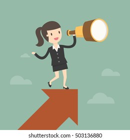 Vision and Growth concept. Businesswoman looks through a telescope on growth arrow. Business concept cartoon illustration.