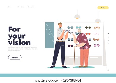 Vision and health concept of landing page with senior man choosing glasses in optics store. Consultant helping elder male to buy eyeglasses in optical shop. Flat vector illustration