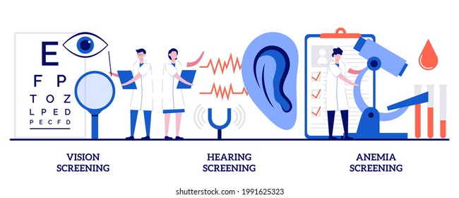 Vision, hearing and anemia screening concept with tiny people. Pediatric checkup abstract vector illustration set. Vision test, ear problem, iron deficiency lab test, disability diagnosis metaphor.