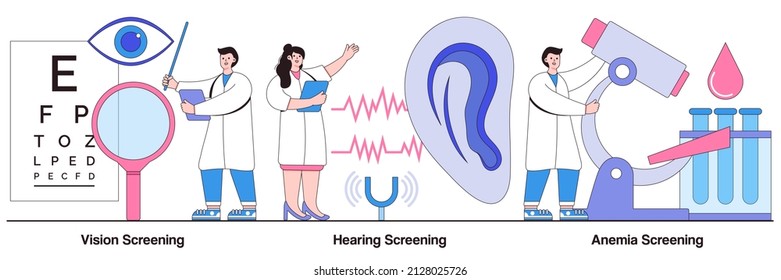 Vision, hearing and anemia screening concept with people characters. Pediatric checkup vector illustration pack. Eyesight test, ear problem, iron deficiency exam and other lab tests.