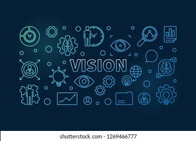 Vision horizontal blue outline banner. Vector business concept illustration in thin line style on dark background