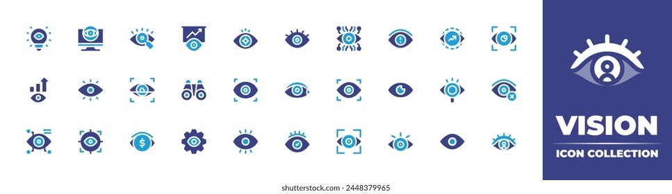 Vision icon collection. Duotone color. Vector illustration. Containing vision, strategicvision, visionproblem, eyescan, eye, focus, witness, view, sight, eyescanner, computer, scan, target.