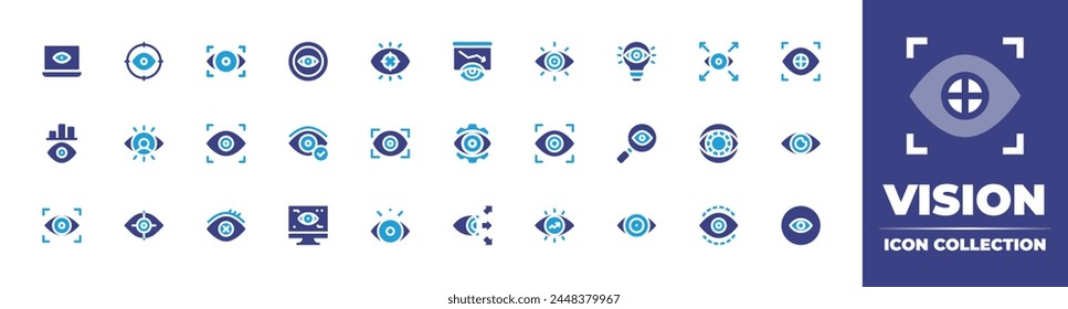 Vision icon collection. Duotone color. Vector illustration. Containing vision, target, focus, transparency, visualize, view, computer, datamodeling, eyescan, eye, decrease, visual, redeyes, sight.